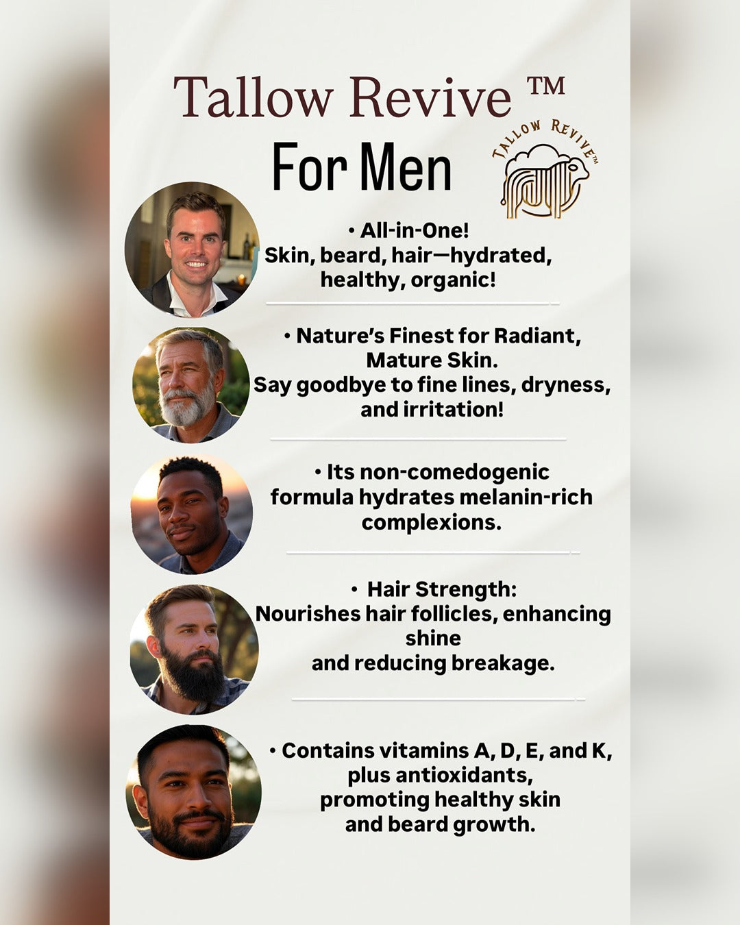 Advertisement for Tallow Revive for Men with product benefits listed.