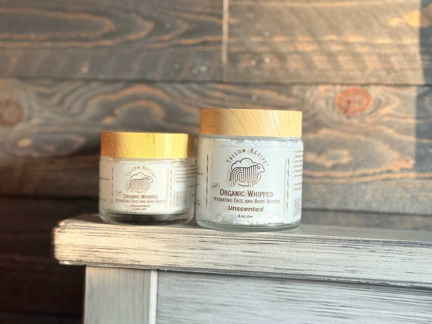 100% Organic Whipped Grass Fed & Finished Tallow Body Butter - Unscented in a 4 oz Glass Jar.