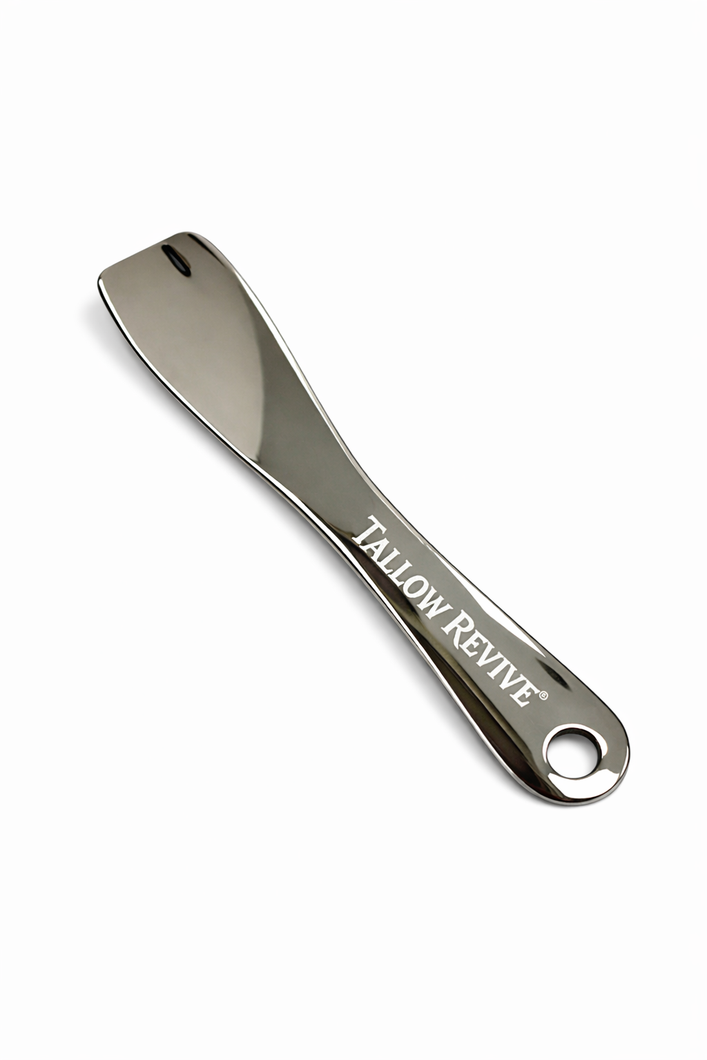 Stainless Steel cosmetic spatula with 'Tallow Revive' branding on a white background